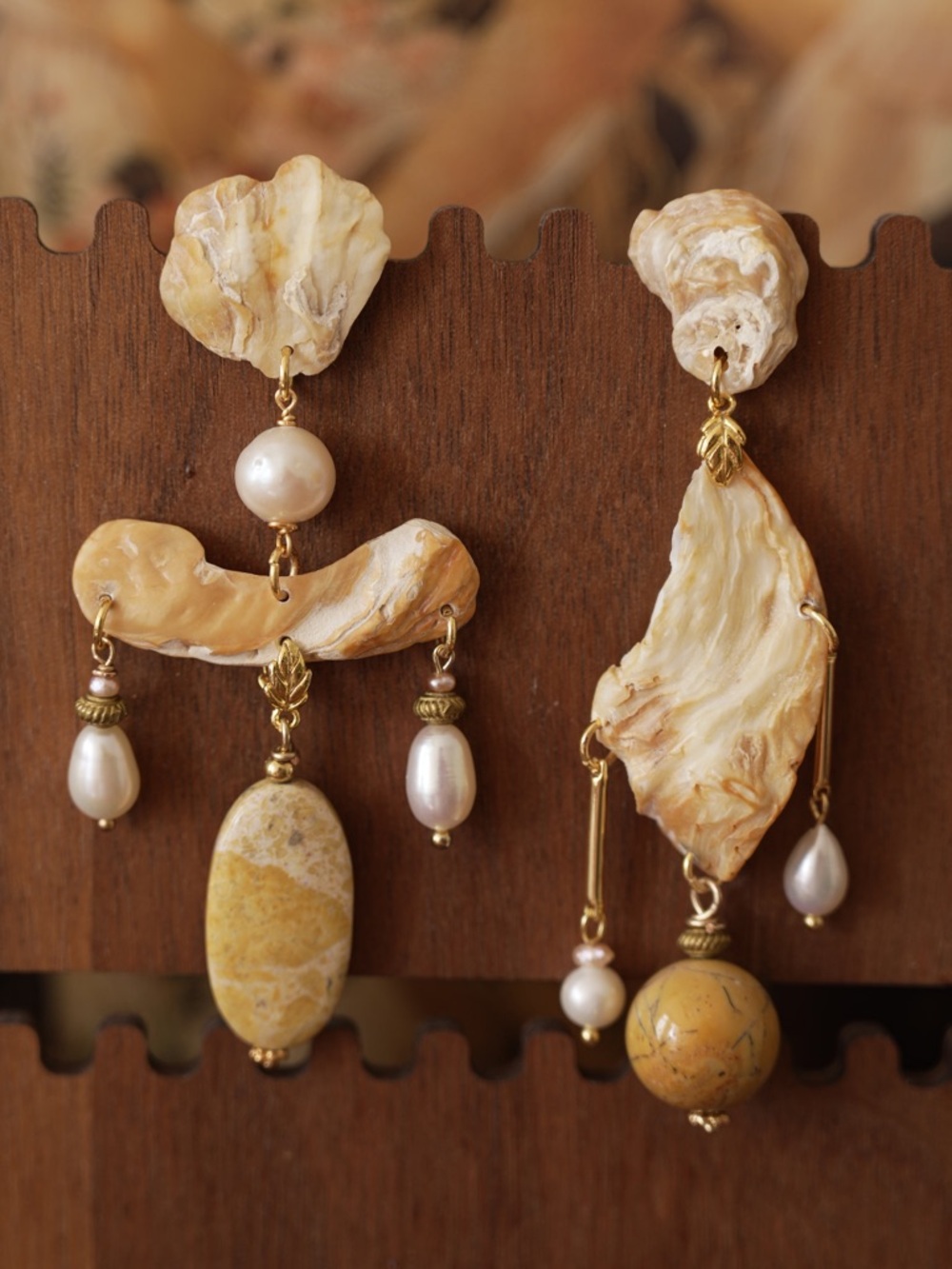 Handcrafted Yellow Shell & Pearl Dangle Earrings